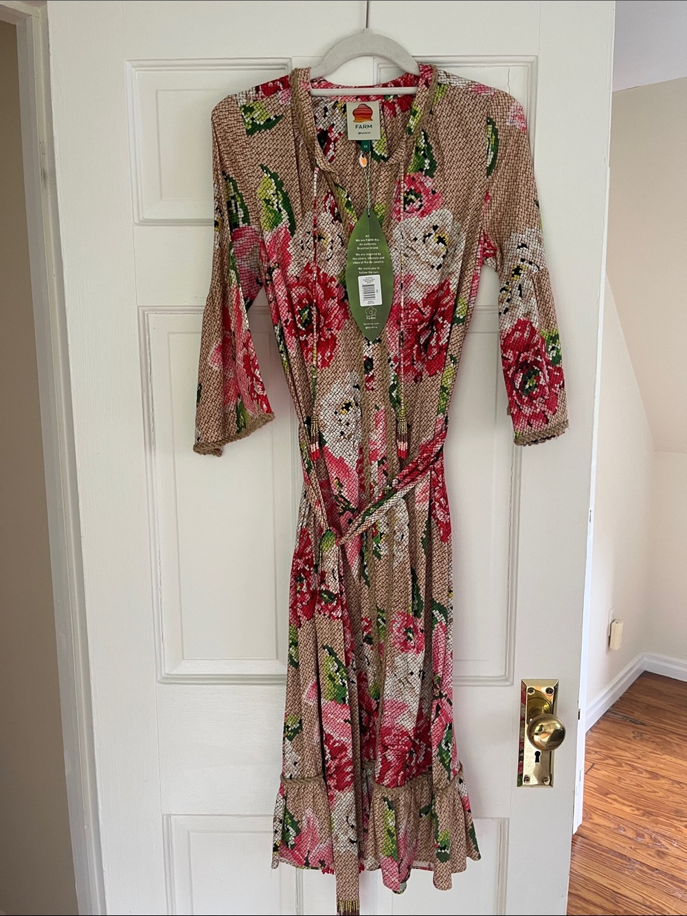 FARM Rio Beige Floral Tie-Front Dress with Pink & Green Blooms Size XS NWT